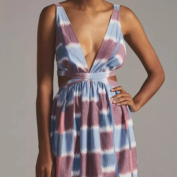 Anthropologie Deep-V Midi Dress Blue Blush Mauve XS - Picture 6 of 7